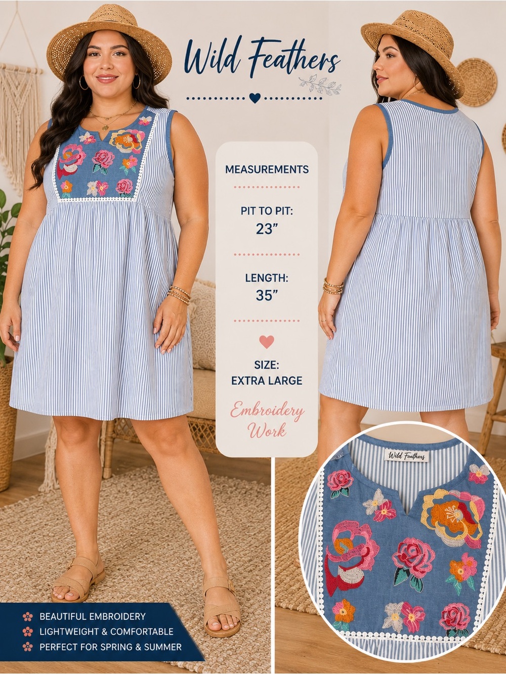 Blue Striped Sleeveless Embroidered Casual Dress